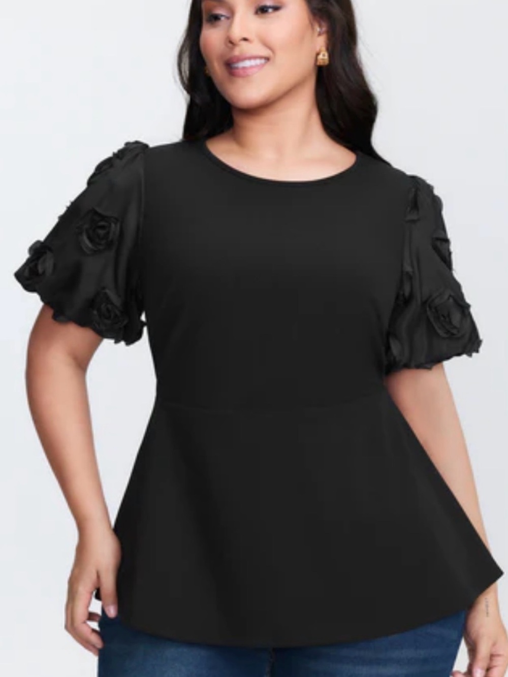 BloomChic Black Floral-Applique Peplum Top with Puff Sleeves